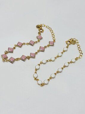 Gold Tone Pink & White Enamel Link Bracelets Set of 2 Adjustable